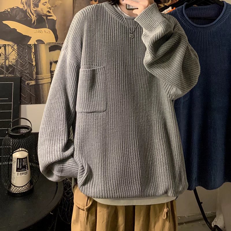 Áo Sweater Dệt Kim Tay Dài Dáng Rộng Phối Túi Màu Sắc Đơn Giản Phong Cách Nhật Bản Cho Nam Giới Có Size M-2XL