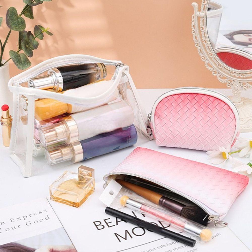 QQMALL Set Ba Túi Đựng Mỹ Phẩm Bằng PVC Dệt Họa Tiết Đa Năng Sức Chứa Lớn