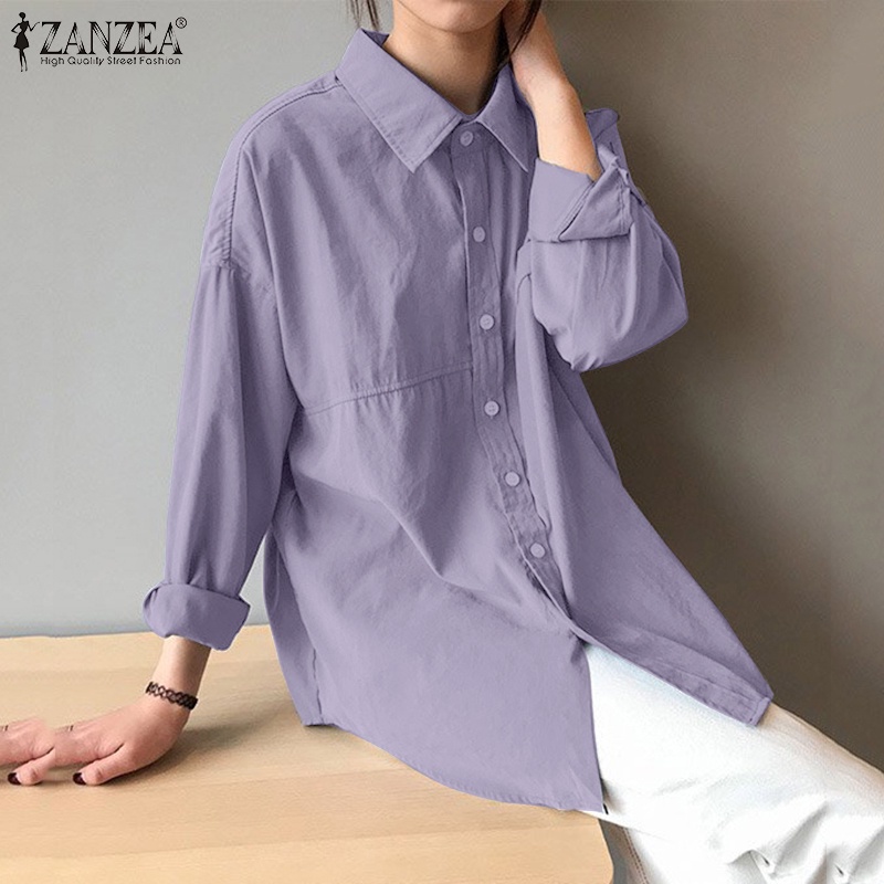 ZANZEA Áo Sơ Mi Tay Dài Cổ Bẻ Có Túi Giả Thời Trang Cho Nữ