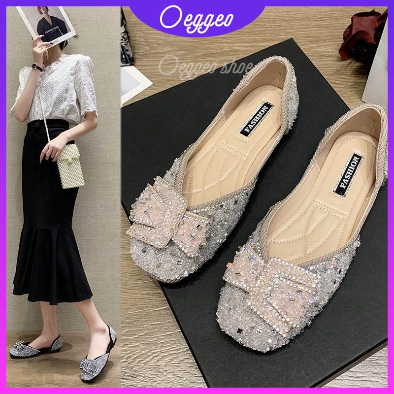 Oeggeo Giày Bệt Đính Đá Và Nơ Đa Năng Thời Trang Dành Cho Bạn Nữ