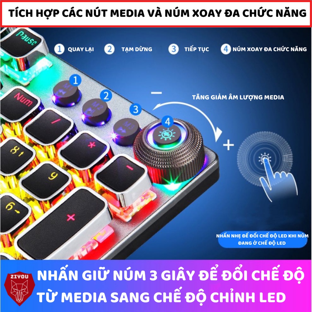 Bàn phím cơ gaming ZIYOU FZ508 có 22 chế độ led RGB cực đẹp, tặng kèm kê tay, sử dụng cho máy tính, pc, laptop