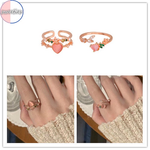 Nhẫn Hở Hai Lớp Đính Đá Hình Trái Tim Màu Hồng Ngọt Ngào Thanh Lịch Có Thể Điều Chỉnh Cho Nữ