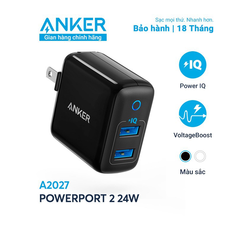 Sạc ANKER PowerPort II 2 cổng PIQ 24w - A2027 - Bảo hành 18 tháng