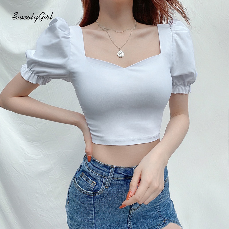 Áo Croptop Cổ Vuông Tay Ngắn Màu Trơn