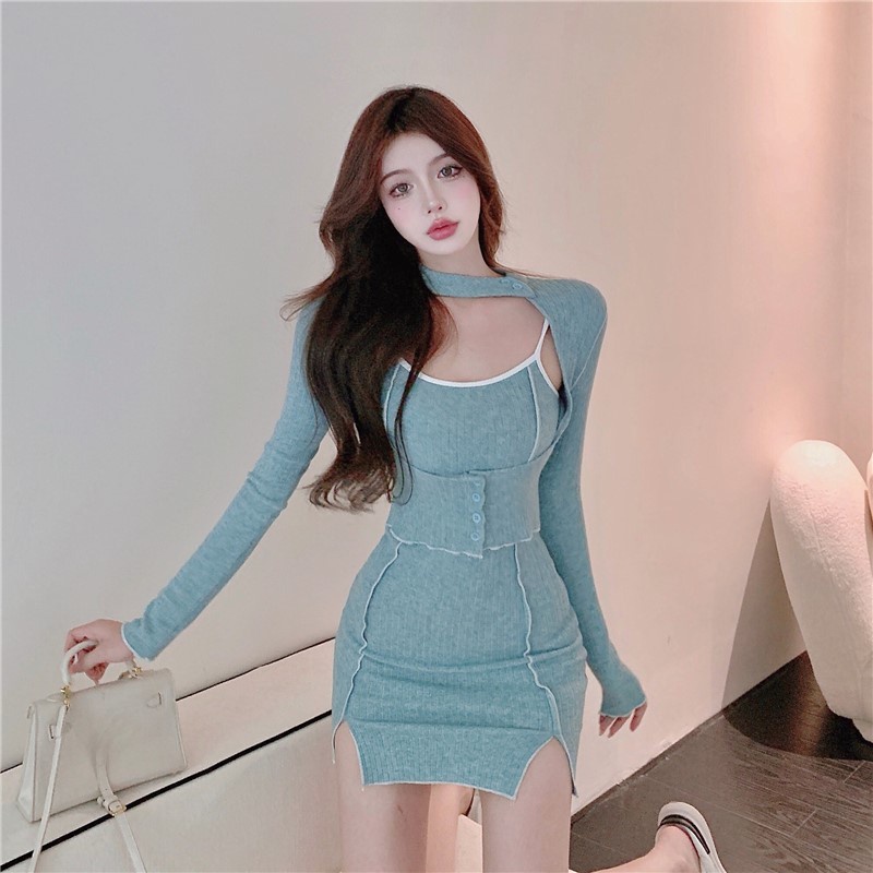 Set áo tay dài và chân váy ôm xẻ tà phong cách Trung Hoa mới