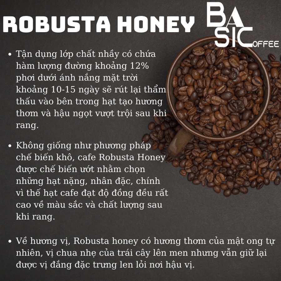 Cà Phê Robusta Honey Nguyên Chất Rang Xay Mộc Bassic Coffee Vị Đắng Đầm Thơm Nồng Cafe Sạch Dak Lak Pha Phin Pha Máy