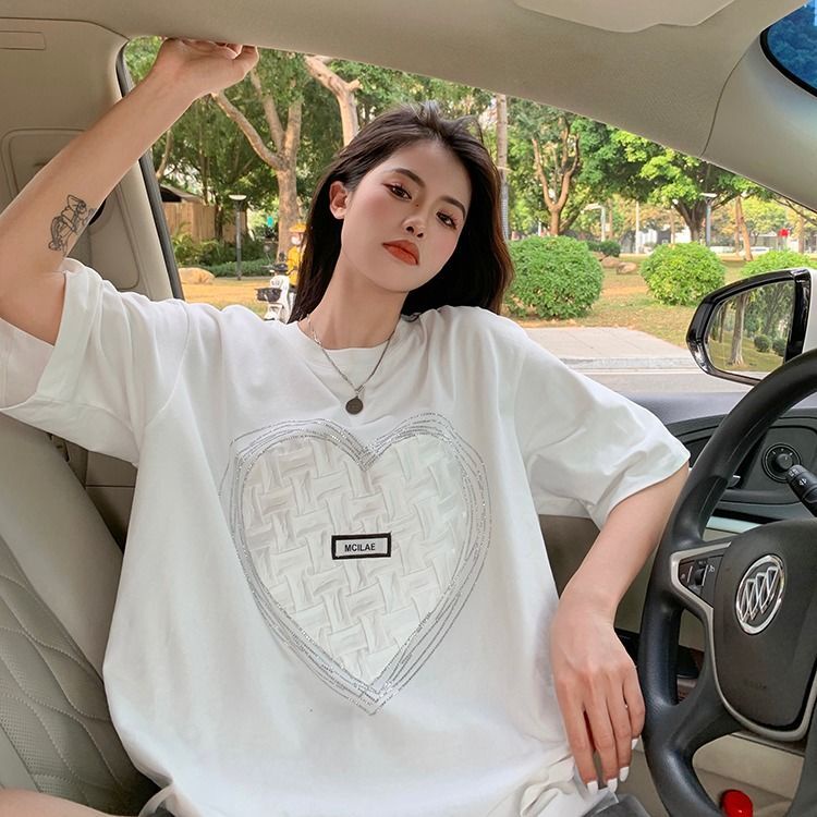 Áo Thun Tay Ngắn Dáng Rộng Đính Đá Thiết Kế Mới Thời Trang Dành Cho Nữ