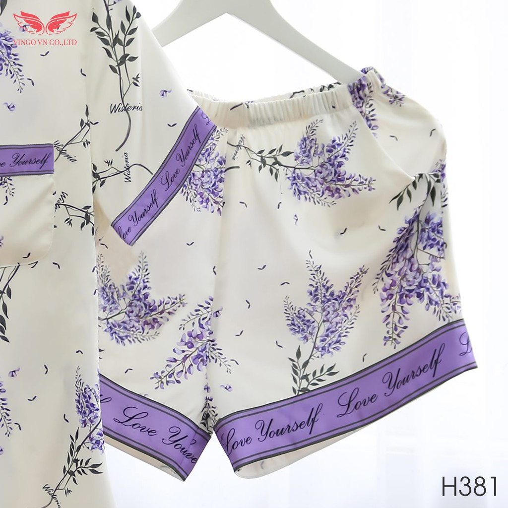 VINGO Bộ Đồ Mặc Nhà Pijama Nữ Lụa Pháp Tay Cộc Quần Cộc Họa Tiết Hoa Lavender Tinh Tế Tím Nền Trắng Ngà H381 VNGO - TCQC