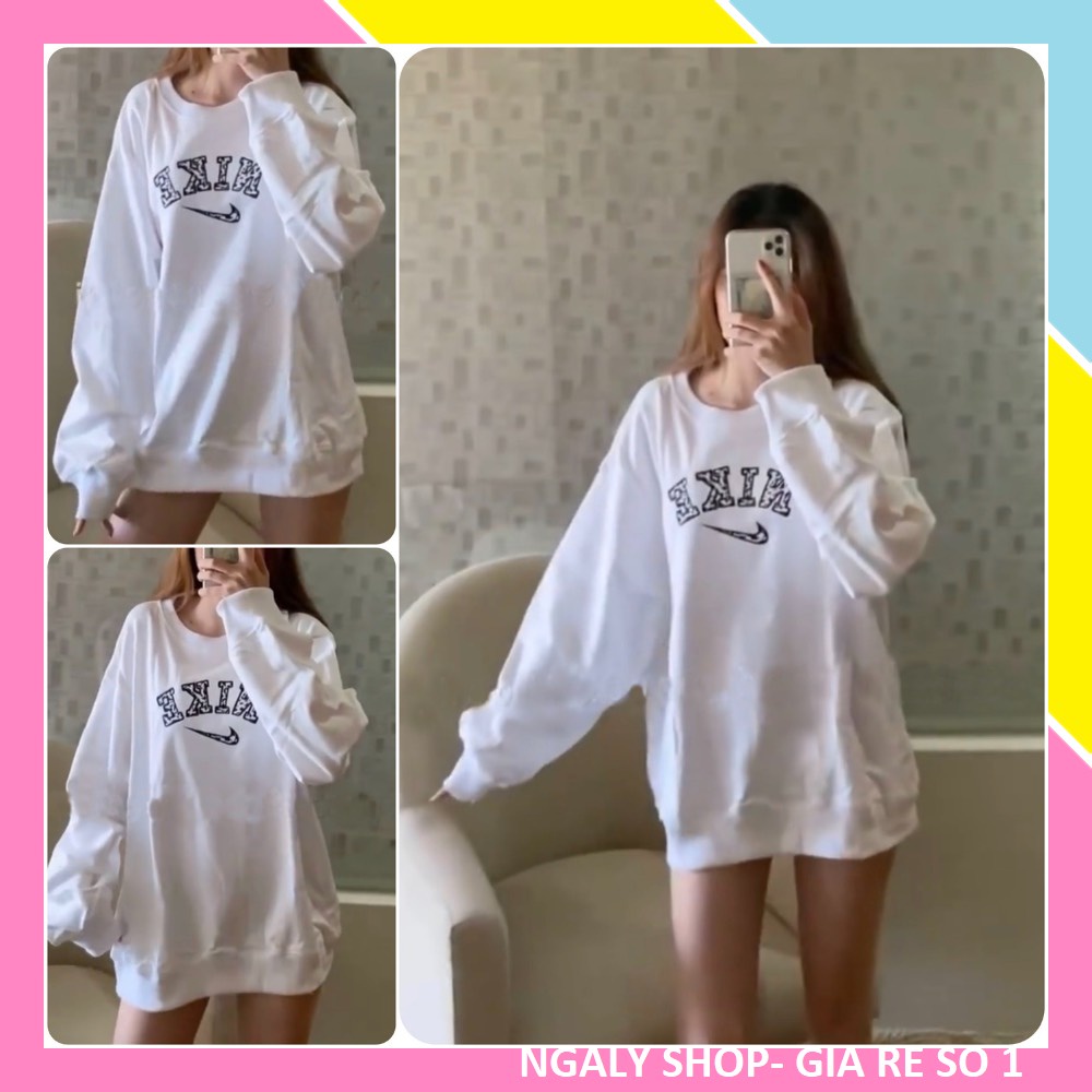 Áo nỉ bông sweater form rộng tay dài nam nữ cổ tròn mặc đôi hàn quốc màu trắng logo thể thao Unisex Ulzzang