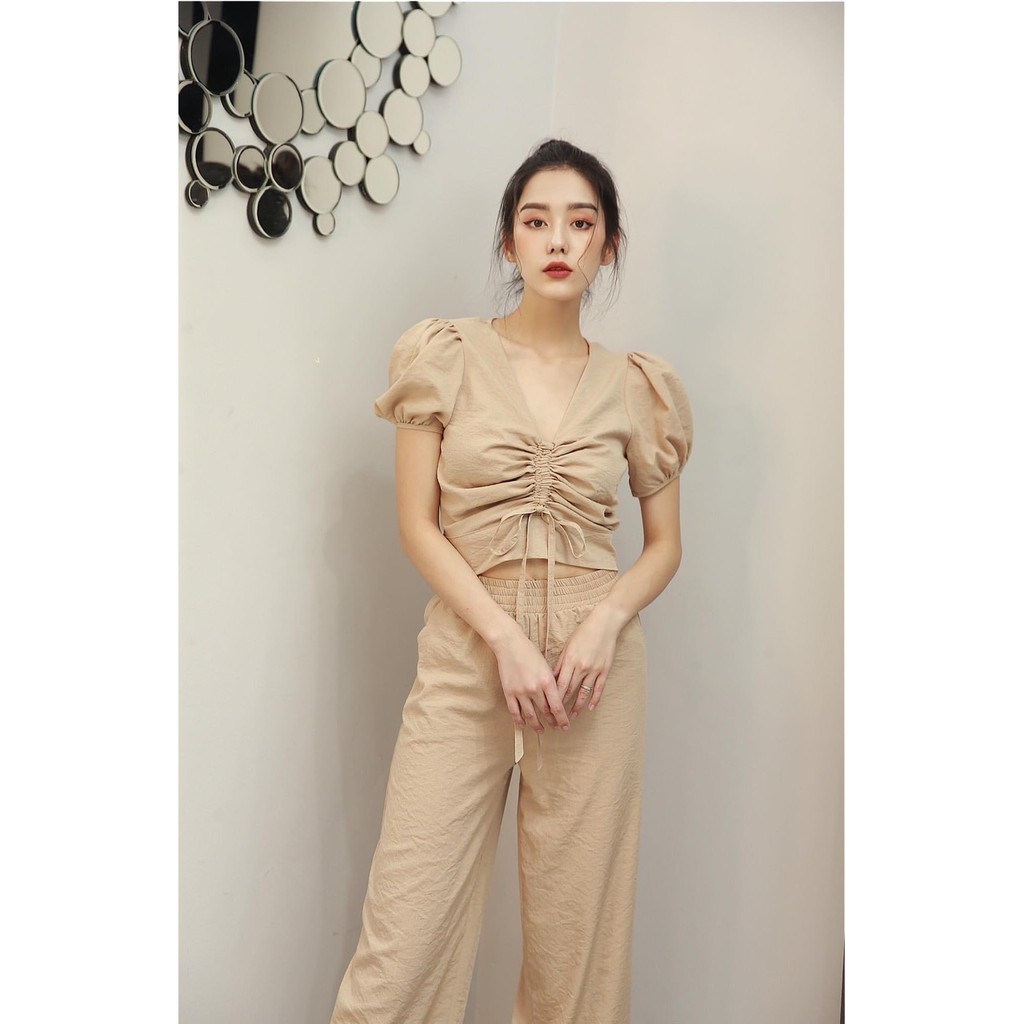 Set 2 món áo rút dây quần suông cao cấp - Bộ đũi rút ngực quần dài   | BigBuy360 - bigbuy360.vn