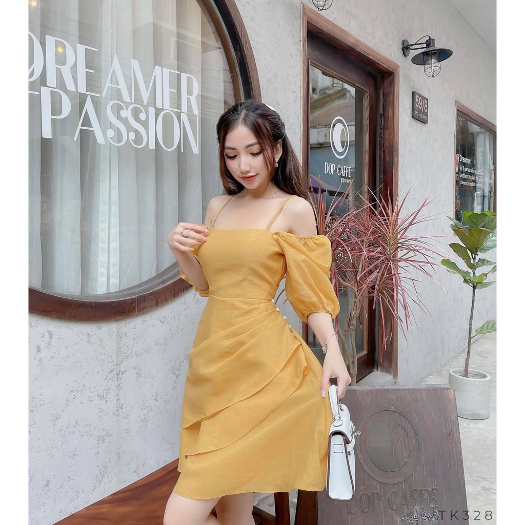 Đầm Nữ TK328 Dáng Xòe Trể Vai Đính Hạt Cườm Sườn Màu Vàng Size S M L Dùng Dự Tiệc Đi Dạo Đi Biển