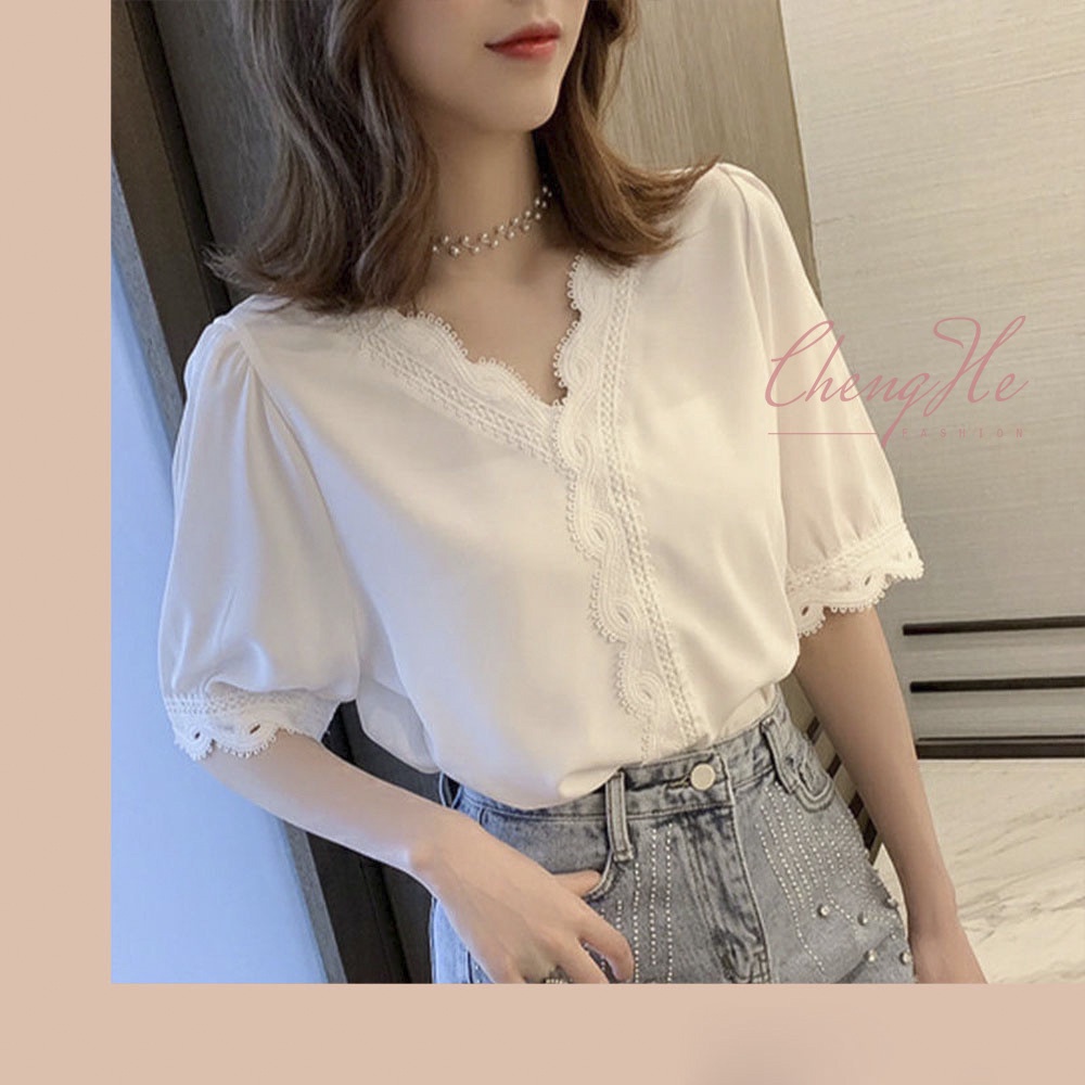 Áo sơ mi trắng công sở cổ v ngắn tay họa tiết viền ren sơ vin cài cúc phong cách nữ tính hiện đại A00047