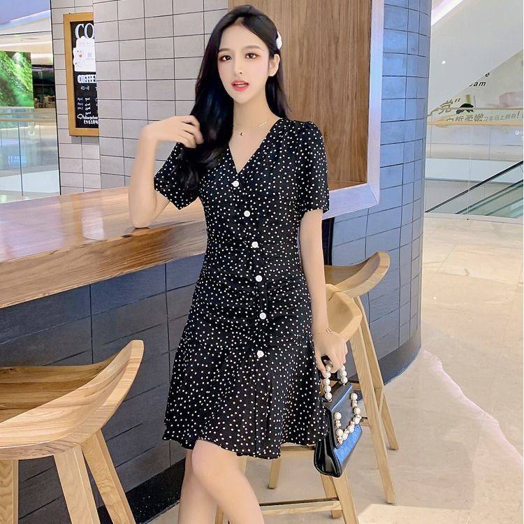 Đầm Dáng Chữ A Tay Ngắn Cổ Chữ V Họa Tiết Chấm Bi Thời Trang Mùa Hè C8455