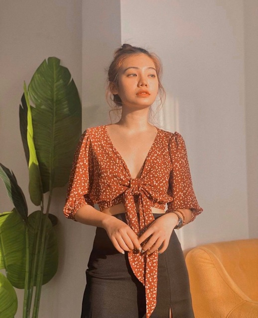 Áo kiểu Lili Top - áo croptop hoạ tiết hoa nhí cột nơ trước ngực , áo có bo chun co giãn chất vải voan hoa 2 lớp dày