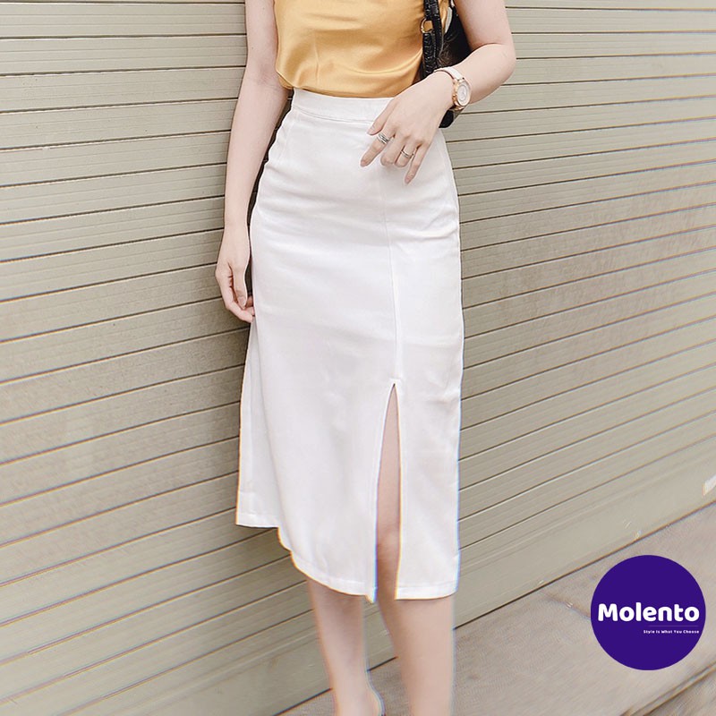 Chân váy xẻ tà Molento chân váy chữ a dài qua gối xẻ trước cá tính phong cách Hàn Quốc hai màu trắng, đen - M25 | BigBuy360 - bigbuy360.vn