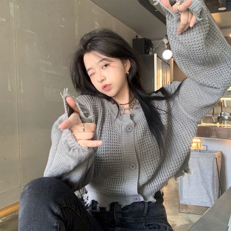 [ORDER 15N] Áo len cúc dáng ngắn rách gấu ulzzang Hàn Quốc