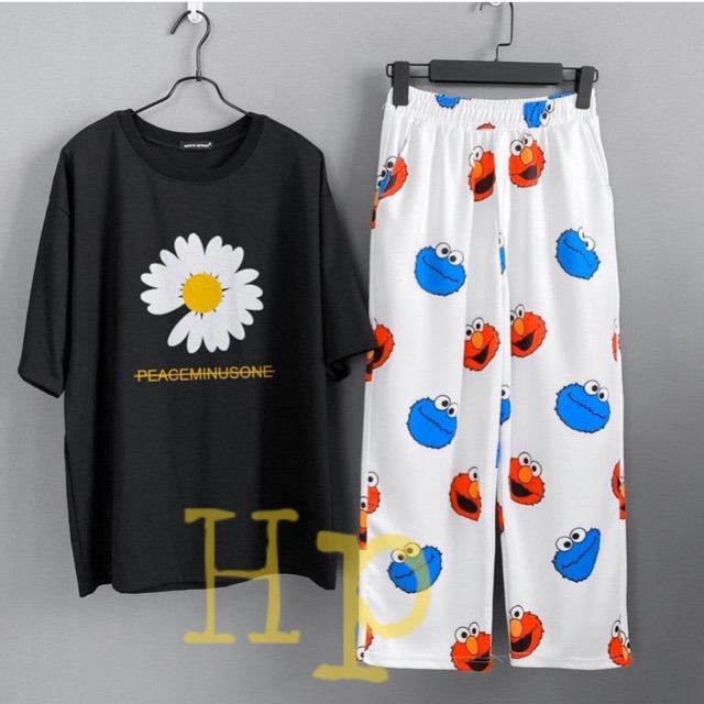 Sét áo hoa cúc trắng nhị vàng PE+ quần hình THV433