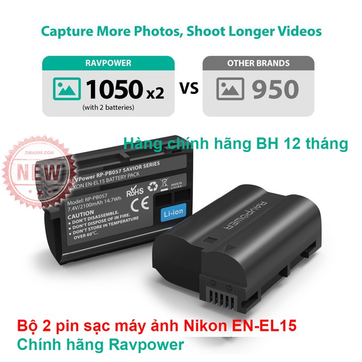 Bộ 2 pin sạc máy ảnh Nikon EN-EL15 chính hãng Ravpower Mỹ