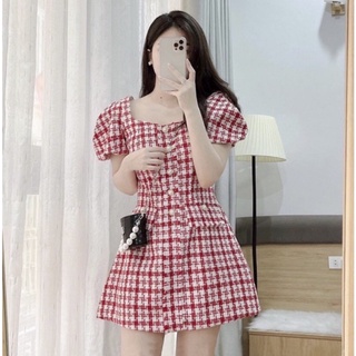 Váy dạ tweed hai lớp màu đỏ cổ vuông tay bồng xinh xắn