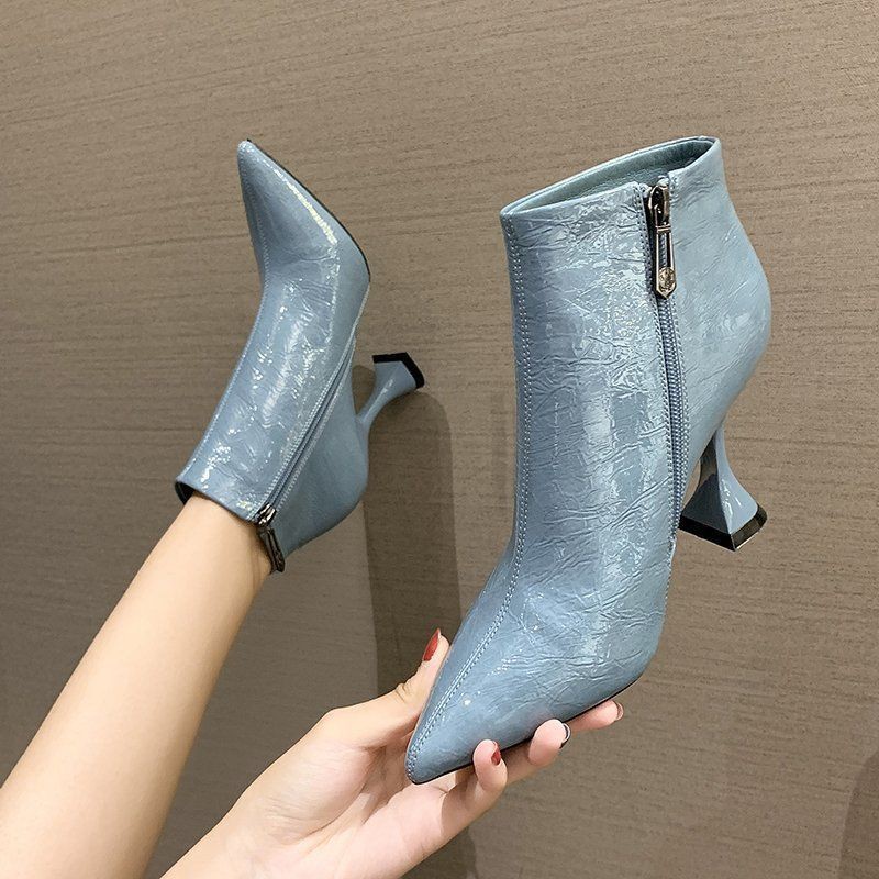 ✚﹊Ladies pointed toe patent leather high-heeled ankle boots women s 2020 new all-match spring and autumn single high heels winter stiletto