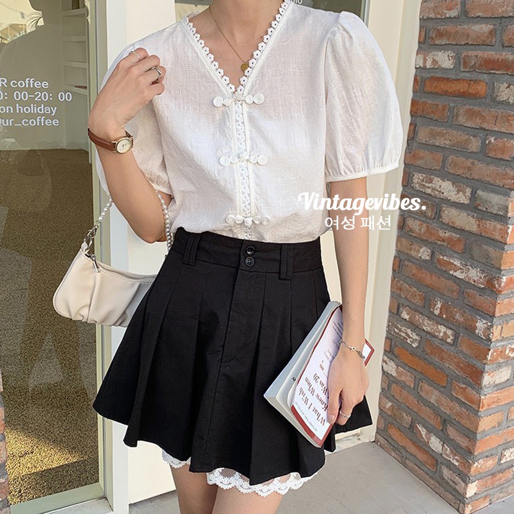 Áo sơ mi babydoll cổ kiểu khuy hoa Ulzzang (hàng QC) - Ảnh thật