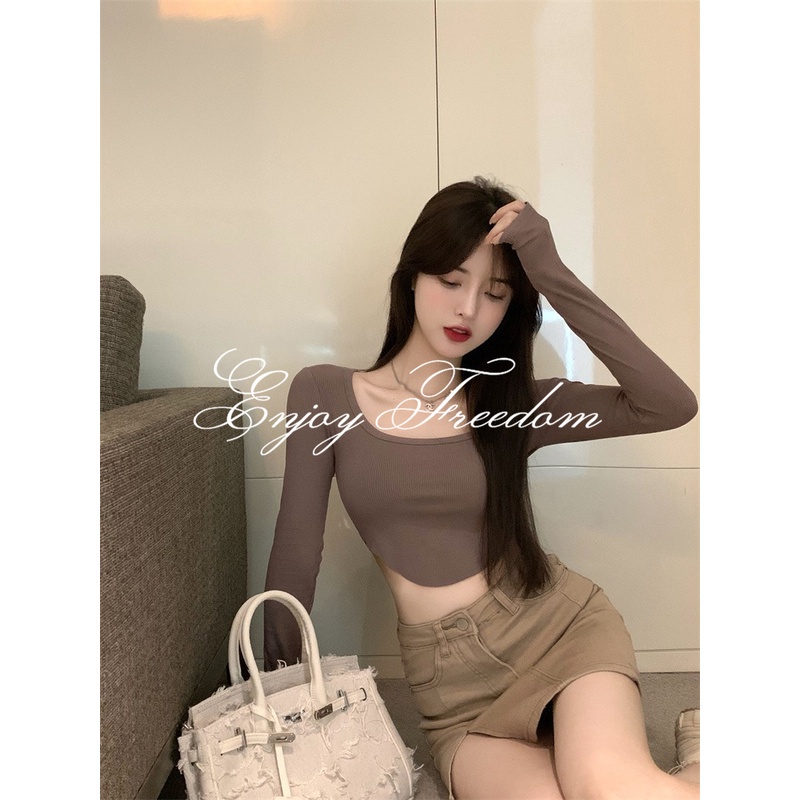 Enjoy Freedom Áo Thun Tay Dài Cổ Chữ U Thiết Kế Không Đồng Đều Thời Trang 2022 Mới Cho Nữ áo croptop