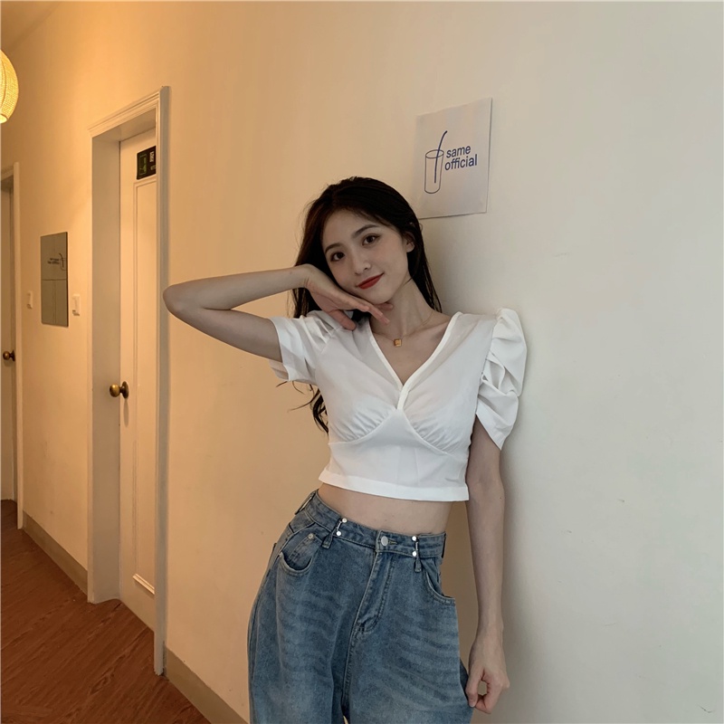 Áo Kiểu Tay Phồng Ngắn Cổ Chữ V Ôm Eo Thời Trang Mùa Hè Đơn Giản Dành Cho Nữ