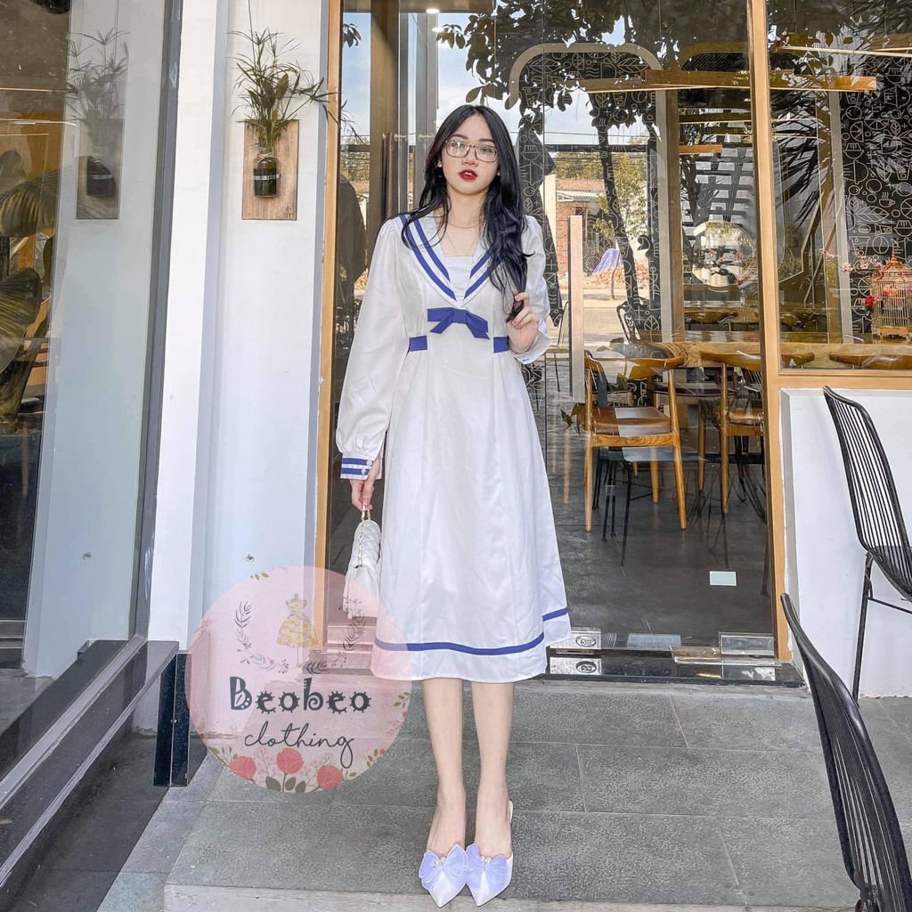 Đầm midi trắng cổ thuỷ thủ viền xanh thắt nơ vintage