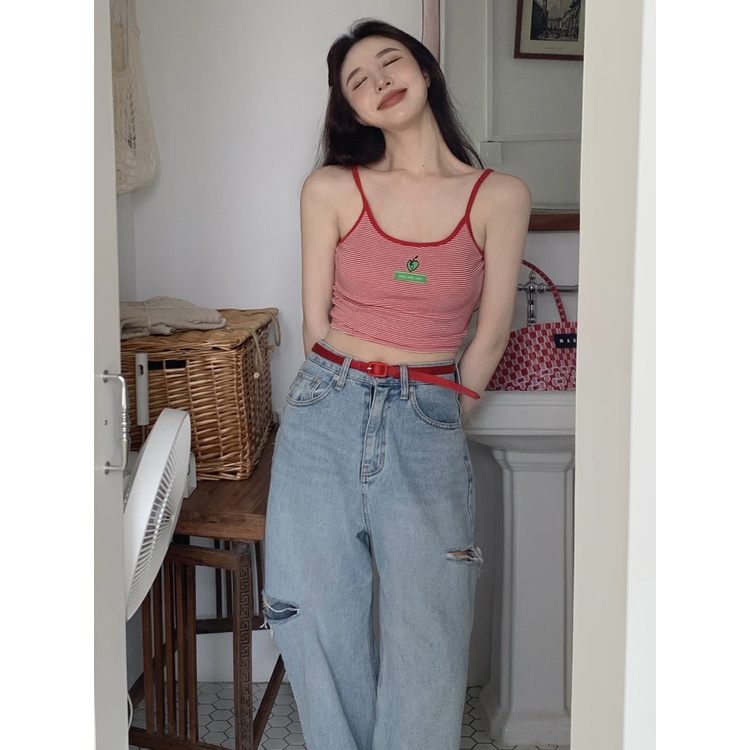 Porozi  Áo croptop  hai dây họa tiết kẻ sọc 4 màu sắc tùy chọn tương phản phong cách Hàn Quốc thời trang dành cho nữ