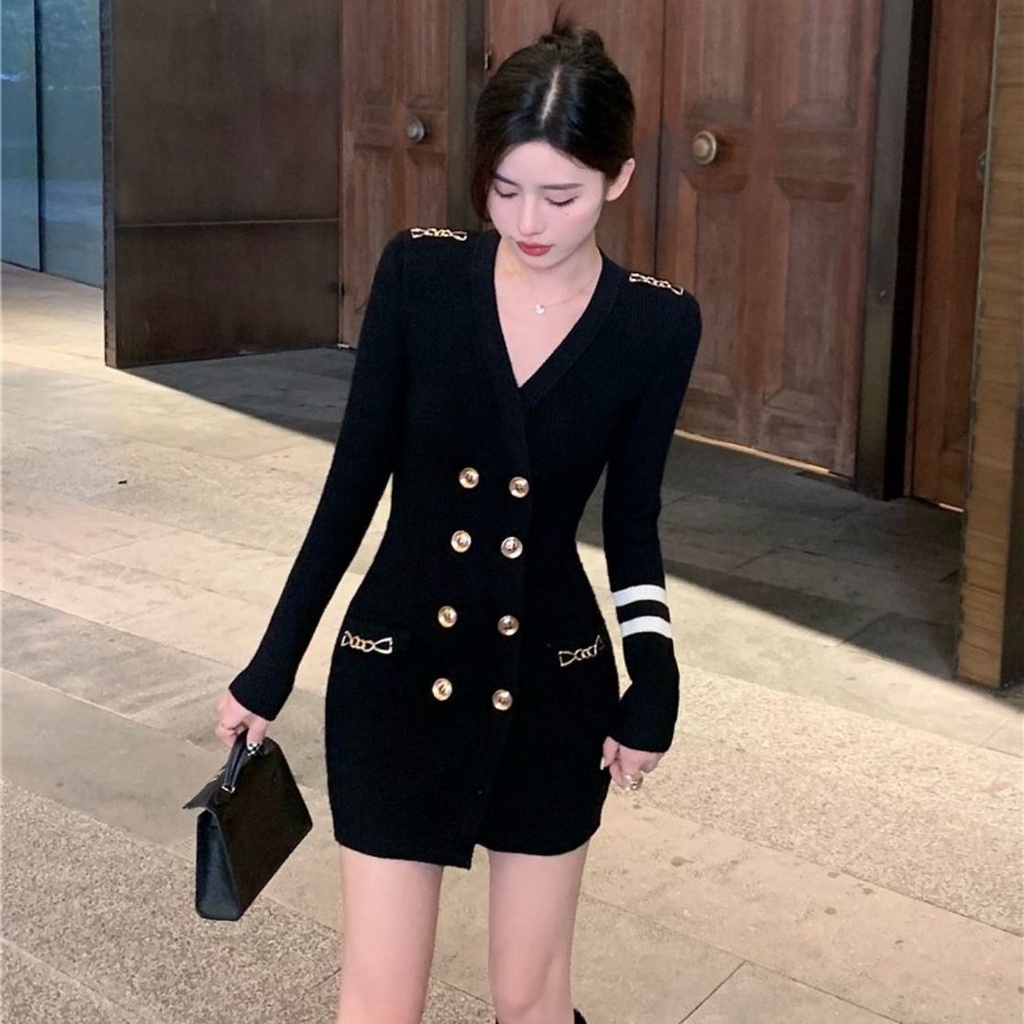 Áo đầm nhấn eo cổ chữ V tay dài thời trang mùa thu 2021