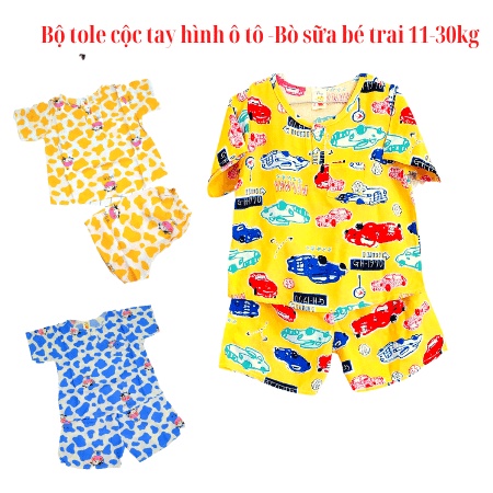 [11-30kg]Bộ tole lanh cộc tay in hình Ôtô- Bò sữa siêu HOT cho bé trai , Bộ tole lụa mền mịn, Đồ mặc nhà mát mẻ