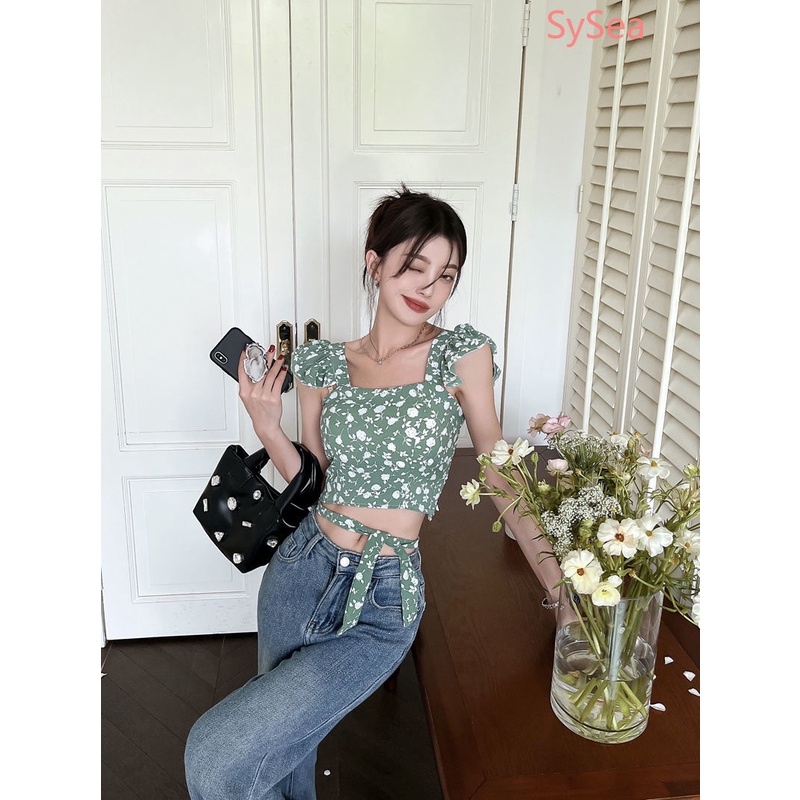 Áo Croptop Họa Tiết Hoa Thời Trang Mùa Hè Pháp Cho Nữ