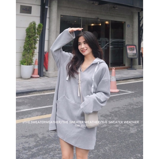 Váy nỉ hoodie chất gân tăm mềm dáng váy suông oversize dài tay có mũ 3 màu xinh xỉu