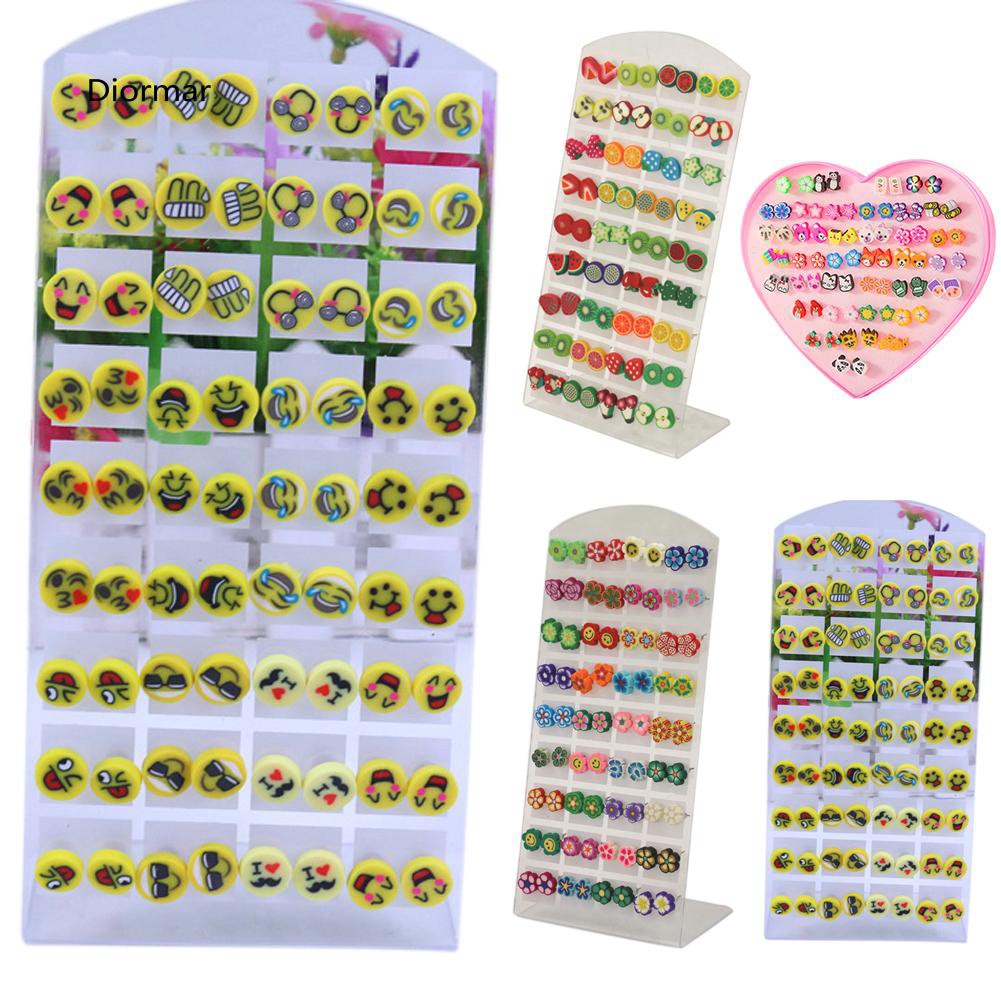 Bộ gồm 36 đôi bông tai hình động vật hoa trái cây bằng nhựa Polymer dễ thương cho nữ