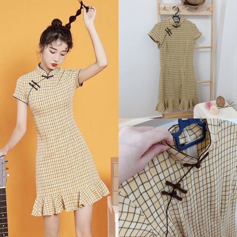 Sườn xám caro Trung Hoa trending dưới 68 kg