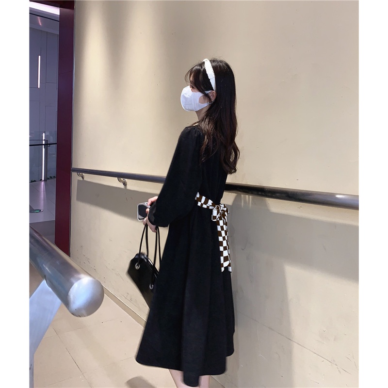 Đầm Nữ Giả Hai Lớp Thắt Lưng Họa Tiết Caro Phong Cách Hàn Quốc Thời Trang