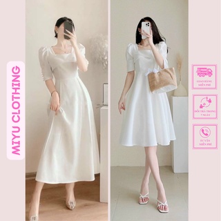 Đầm đi đám cưới váy dự tiệc dài tay lửng váy nữ trắng ngắn dài xòe chất liệu cotton gân mịn 2 lớp MiyuClothing