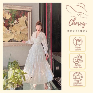 Đầm trắng dự tiệc cherry váy dài nữ thiết kế hở lưng tiểu thư sang trọng
