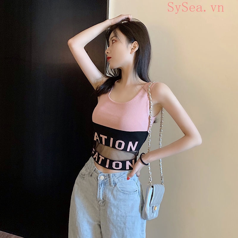 Áo croptop sát nách phối lưới in hoạ tiết chữ thiết kế thời trang tùy chọn màu sắc