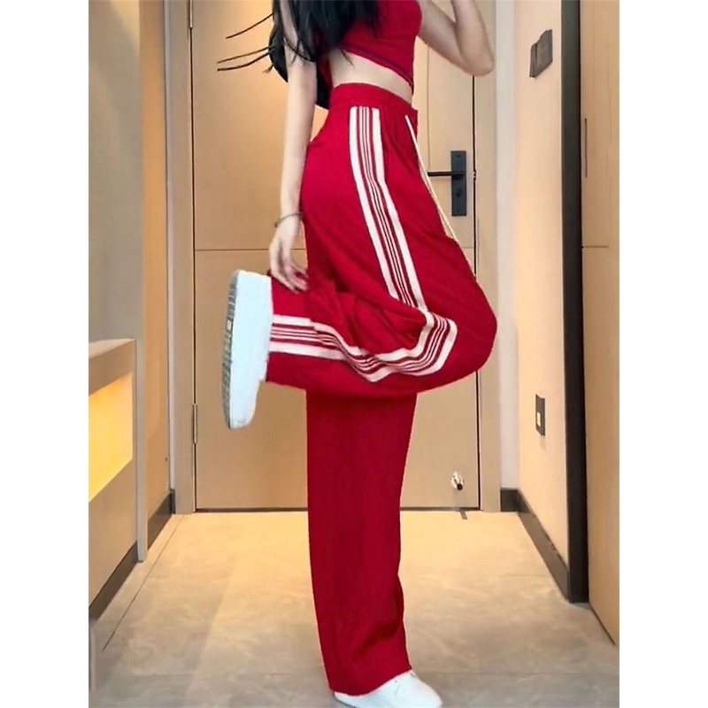 Jiashucheng Quần Thể Thao Ống Rộng Ghép Vải Mỏng Kẻ Sọc Nhỏ Phong Cách Xuân Thu Cho Nữ