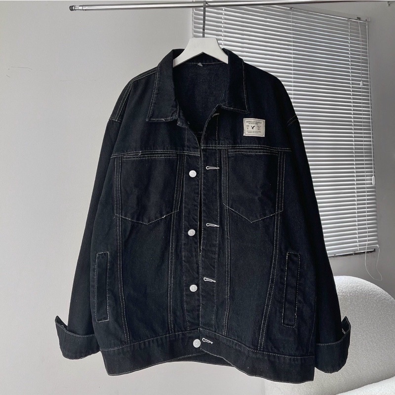 Áo khoác Jean đen chỉ nổi from rộng Unisex , chất ko co dãn 40-75kg TQ Jean