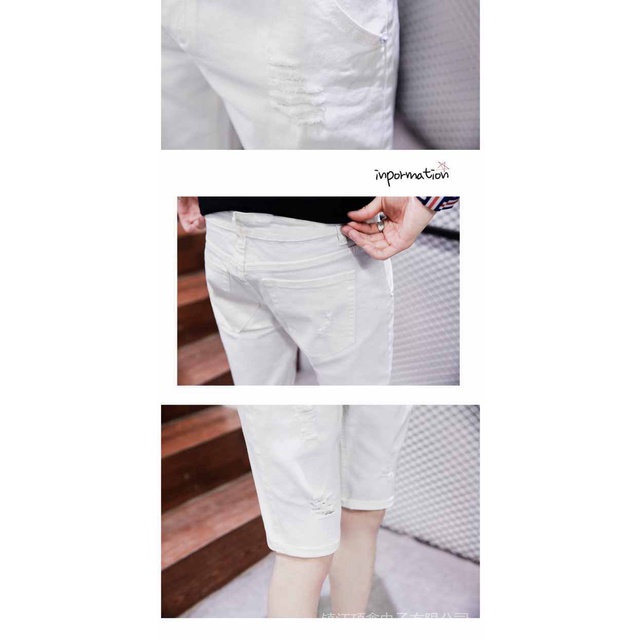 Quần Short Denim Trắng/Đen Dáng Ôm Co Giãn Rách Gối Phong Cách Hàn Quốc Cỡ Lớn Cho Nam