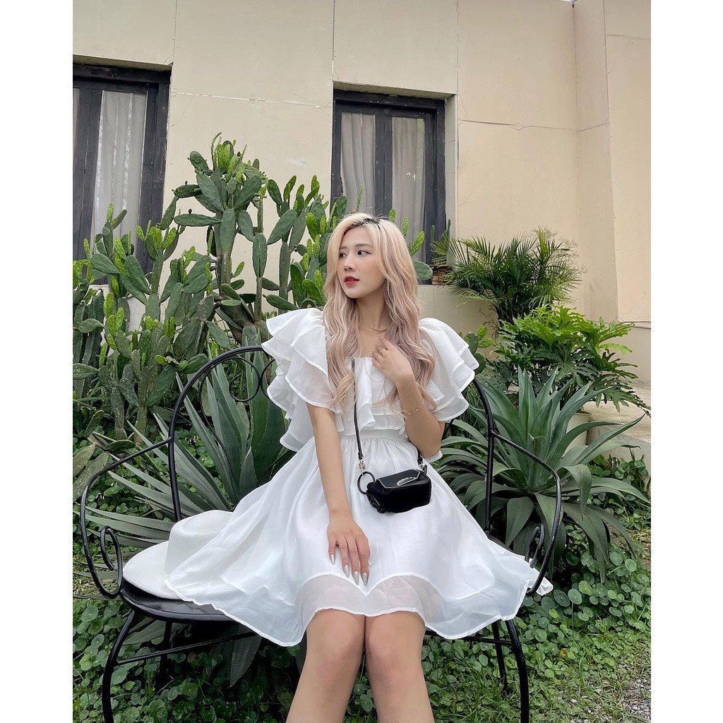 Váy trắng trễ vai bèo tầng V49M- Đầm babydoll công chúa xòe bồng bềnh chất voan 2 lớp phong cách ulzzang hàn quốc