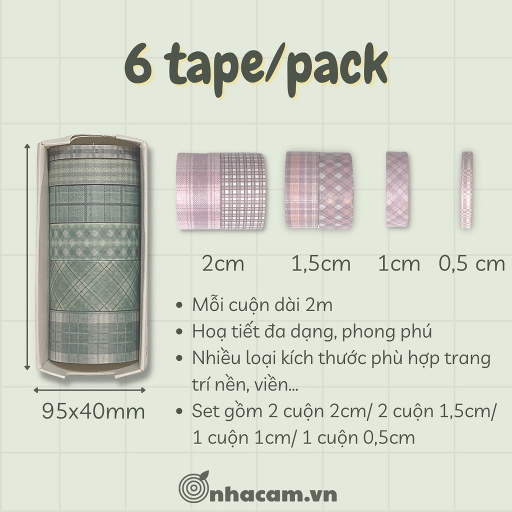 6 Cuộn] Washi Tape Caro Trang Trí Bullet Nhà Cam