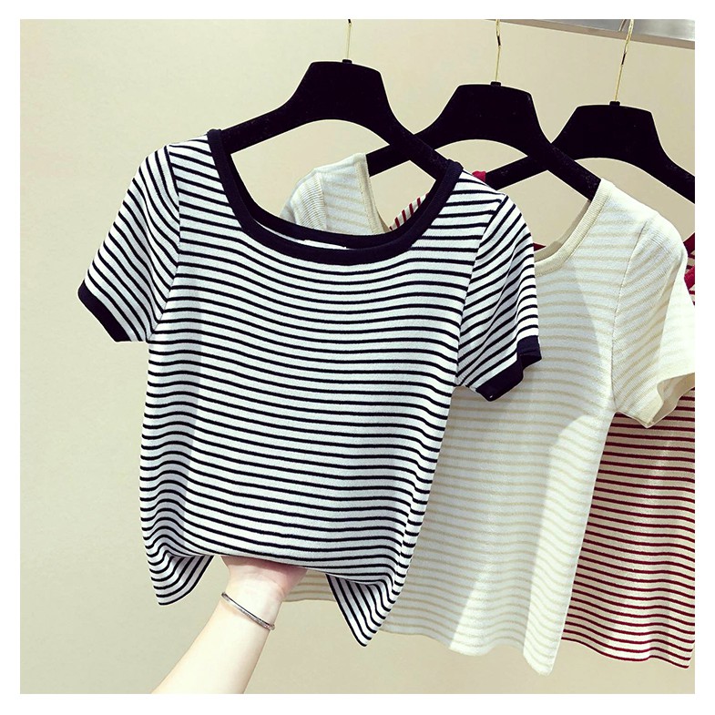 SUXI Áo Thun Dệt Kim Tay Ngắn Cổ Tròn Kẻ Sọc Trẻ Trung Hợp Thời Trang
