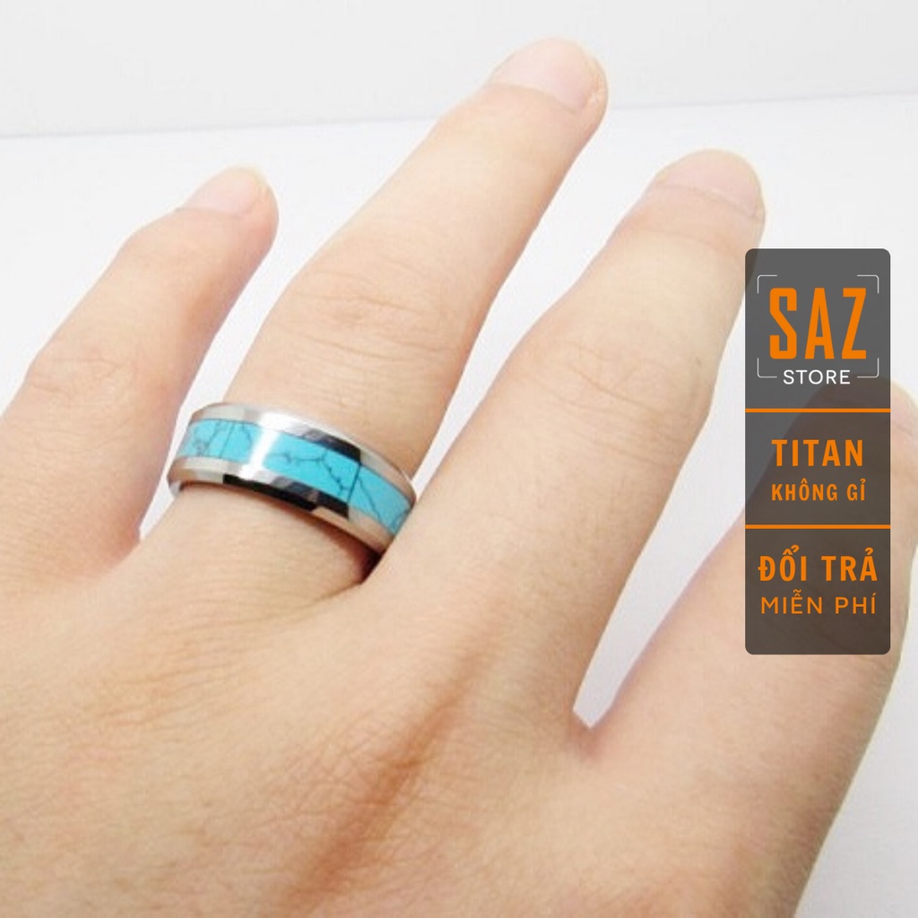 Nhẫn nam nữ tròn SAZ màu bạc xanh thời trang chất Titan đẹp đơn giản không gỉ - Nhẫn Stock