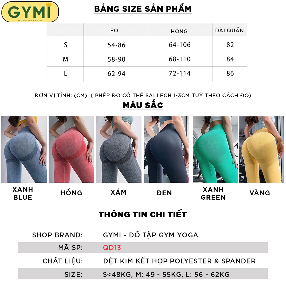 Quần tập gym yoga nữ chun mông GYMI QD13 dáng legging chất dệt cạp cao nâng mông phù hợp chơi thể thao, chạy bộ