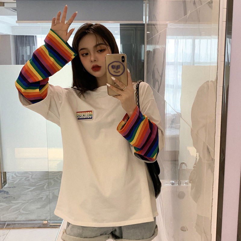 Women Loose Round Collar Stripes Print Loose Long Sleeve T-Shirt