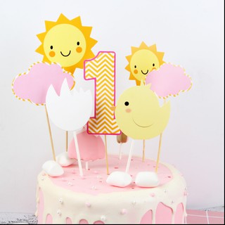 Phụ kiện trang trí bánh sinh nhật_Set que cắm số 1 + mặt trời + mây hồng