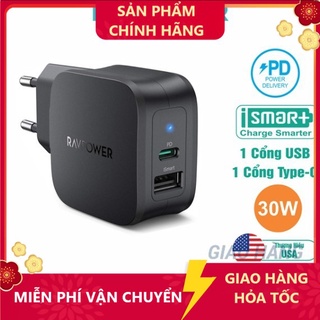 Củ sạc 30w ravpower rp-pc132 - 1 cổng usb 12w và 1 type-c pd 18w - hàng chính hãng - hshop